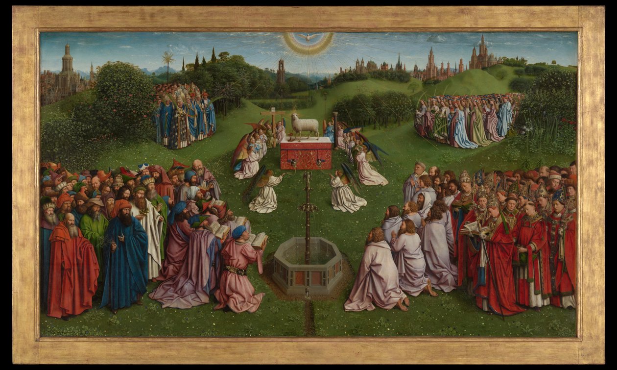 A Adoração do Cordeiro Místico, do Retábulo de Ghent, metade inferior do polimento do painel central autorstwa Hubert & Jan van (1390 1441) Eyck