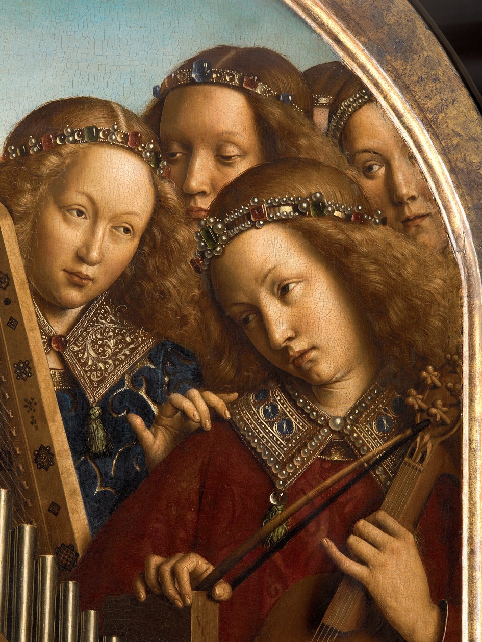 Anielscy muzycy, fragment Ołtarza Gandawskiego autorstwa Hubert & Jan van (1390 1441) Eyck