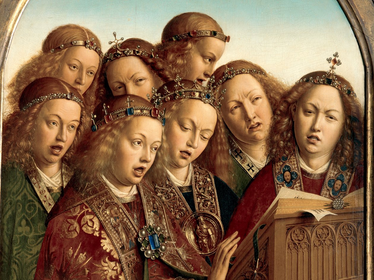 Fragment Śpiewających Aniołów z lewego skrzydła Ołtarza Gandawskiego autorstwa Hubert & Jan van (1390 1441) Eyck