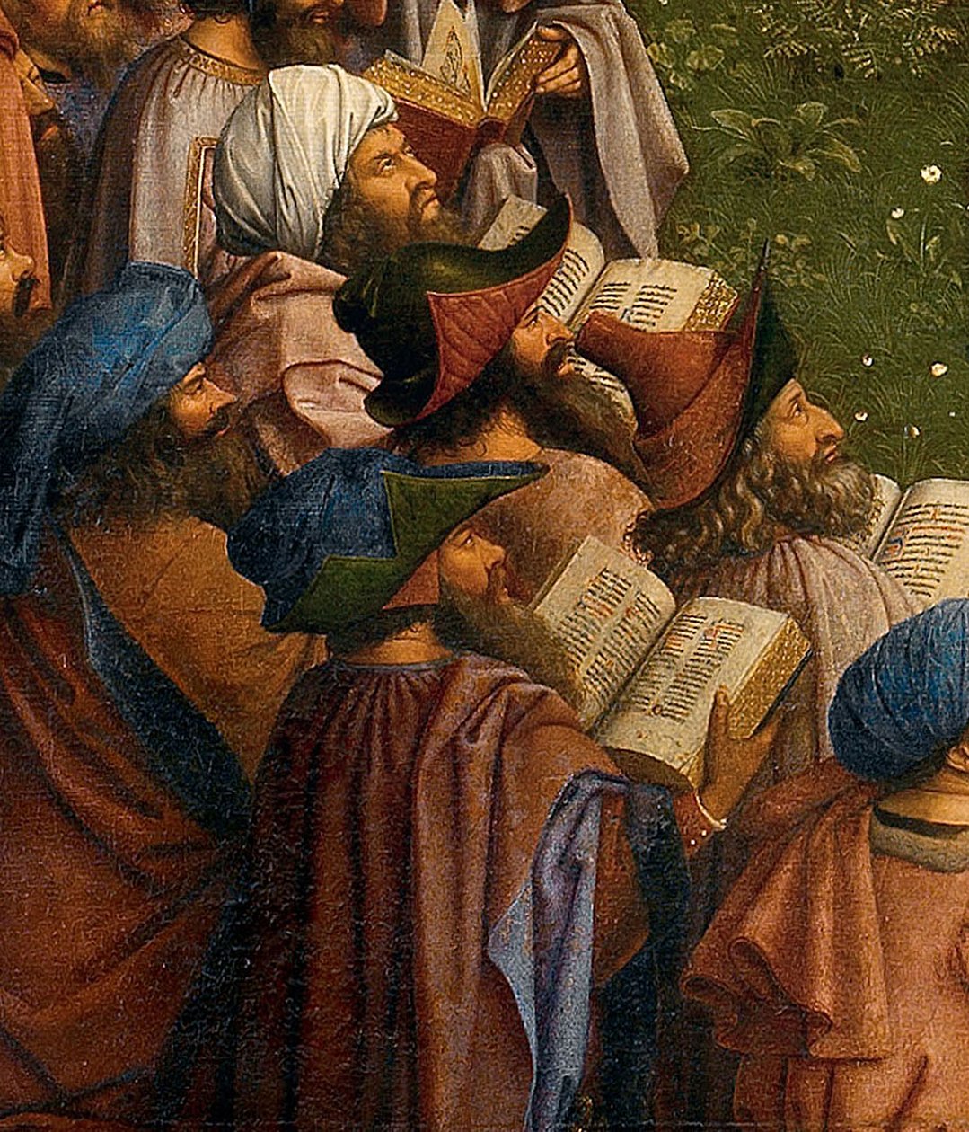Fragment Adoracji Mistycznego Baranka z Ołtarza Gandawskiego, dolna połowa panelu środkowego autorstwa Hubert & Jan van (1390-1441) Eyck