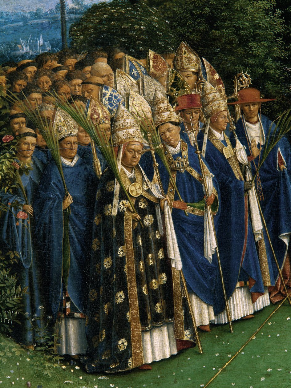 Fragment Adoracji Mistycznego Baranka z Ołtarza Gandawskiego, dolna połowa panelu środkowego autorstwa Hubert & Jan van (1390 1441) Eyck