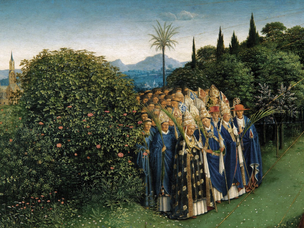 Fragment Adoracji Mistycznego Baranka ze środkowej płyciny Ołtarza Gandawskiego (olej na desce) autorstwa Hubert & Jan van (1390 1441) Eyck
