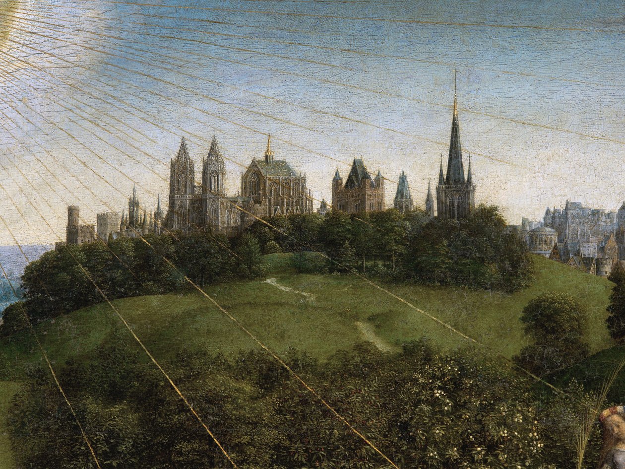 Fragment Adoracji Mistycznego Baranka ze środkowej płyciny Ołtarza Gandawskiego (olej na desce) autorstwa Hubert & Jan van (1390 1441) Eyck