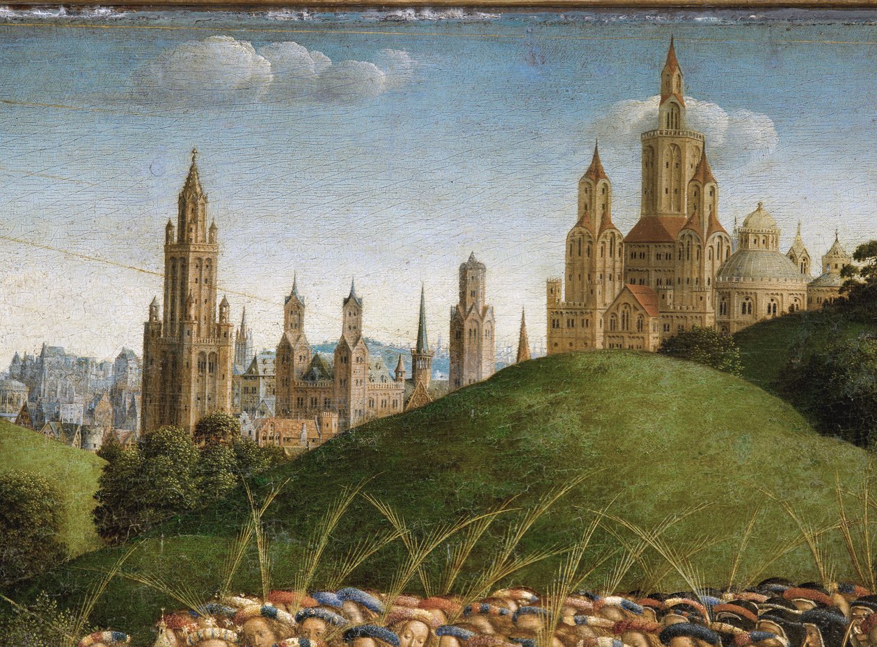 Fragment Adoracji Mistycznego Baranka ze środkowej płyciny Ołtarza Gandawskiego (olej na desce) autorstwa Hubert & Jan van (1390 1441) Eyck