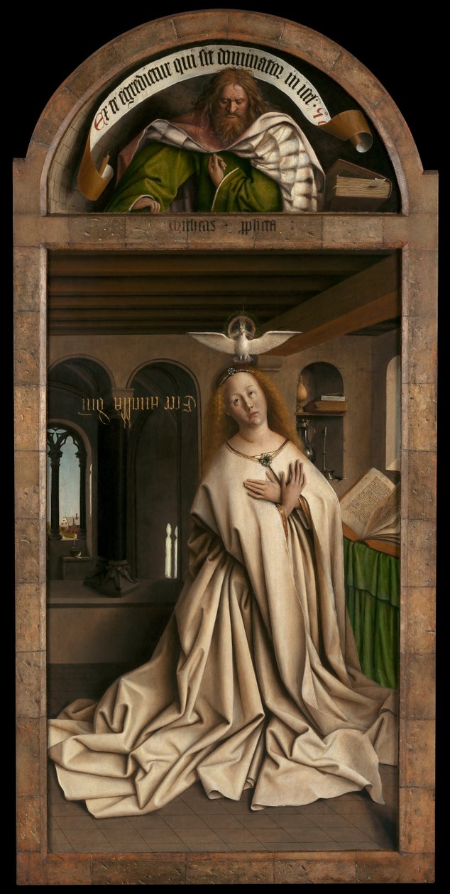 Lunette: Prorok Micheasz. Dolny panel: Virgin Annunciate, z zewnątrz prawego panelu Ołtarza Gandawskiego autorstwa Hubert & Jan van (1390 1441) Eyck