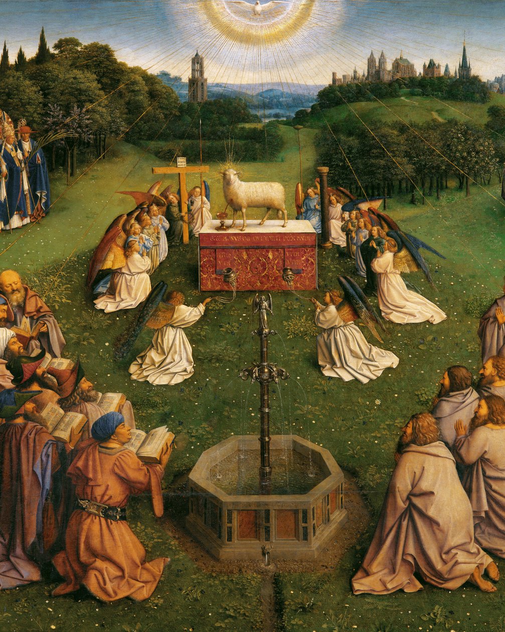 Adoracja Mistycznego Baranka z Ołtarza Gandawskiego, fragment dolnej połowy panelu środkowego autorstwa Hubert & Jan van (1390 1441) Eyck