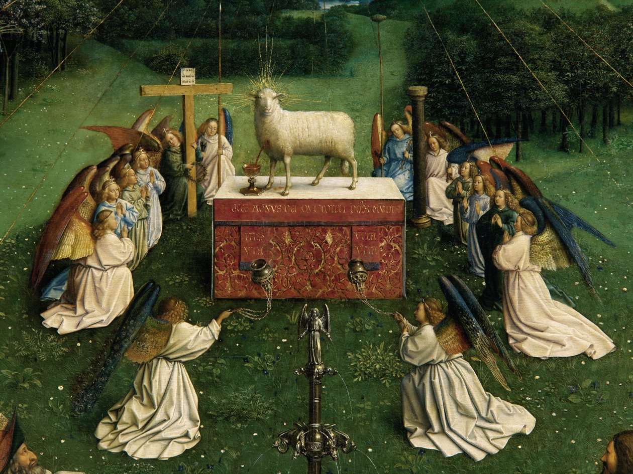 Adoracja Mistycznego Baranka z Ołtarza Gandawskiego, fragment dolnej połowy panelu środkowego autorstwa Hubert & Jan van (1390 1441) Eyck