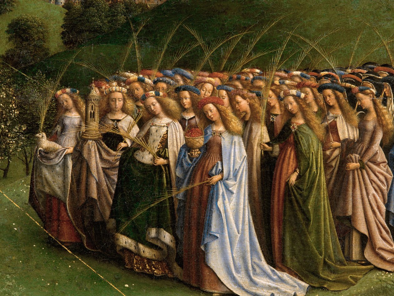 Adoracja Mistycznego Baranka z Ołtarza Gandawskiego, fragment dolnej połowy panelu środkowego autorstwa Hubert & Jan van (1390 1441) Eyck