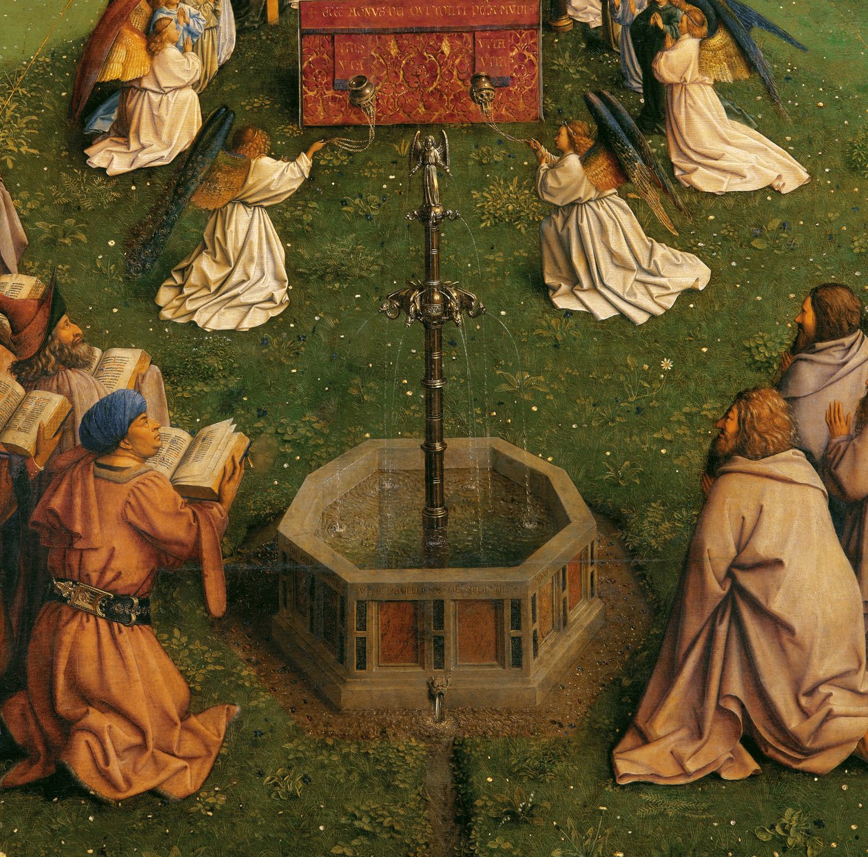 Adoracja Mistycznego Baranka z Ołtarza Gandawskiego, fragment dolnej połowy panelu środkowego autorstwa Hubert & Jan van (1390 1441) Eyck