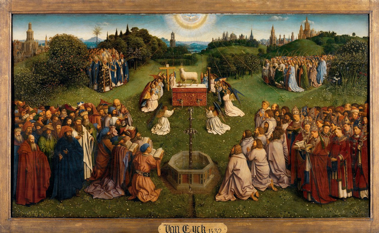 Adoracja Mistycznego Baranka z Ołtarza Gandawskiego, dolna połowa panelu środkowego autorstwa Hubert & Jan van (1390 1441) Eyck