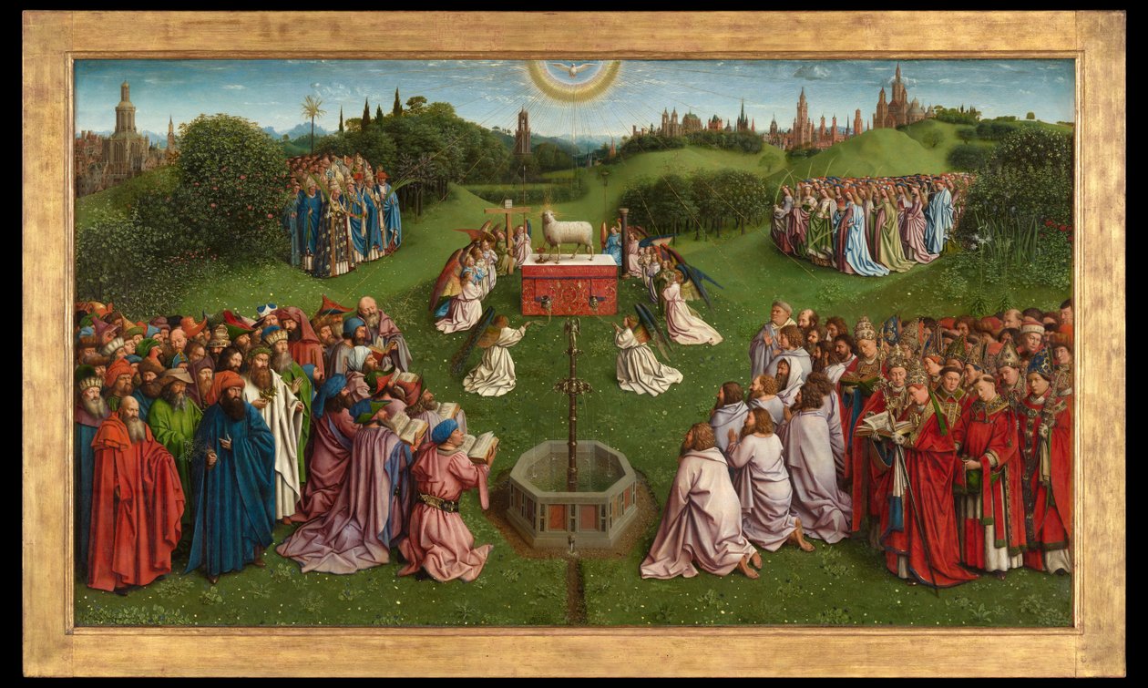 Adoracja Mistycznego Baranka z Ołtarza Gandawskiego, dolna połowa panelu środkowego autorstwa Hubert & Jan van (1390-1441) Eyck