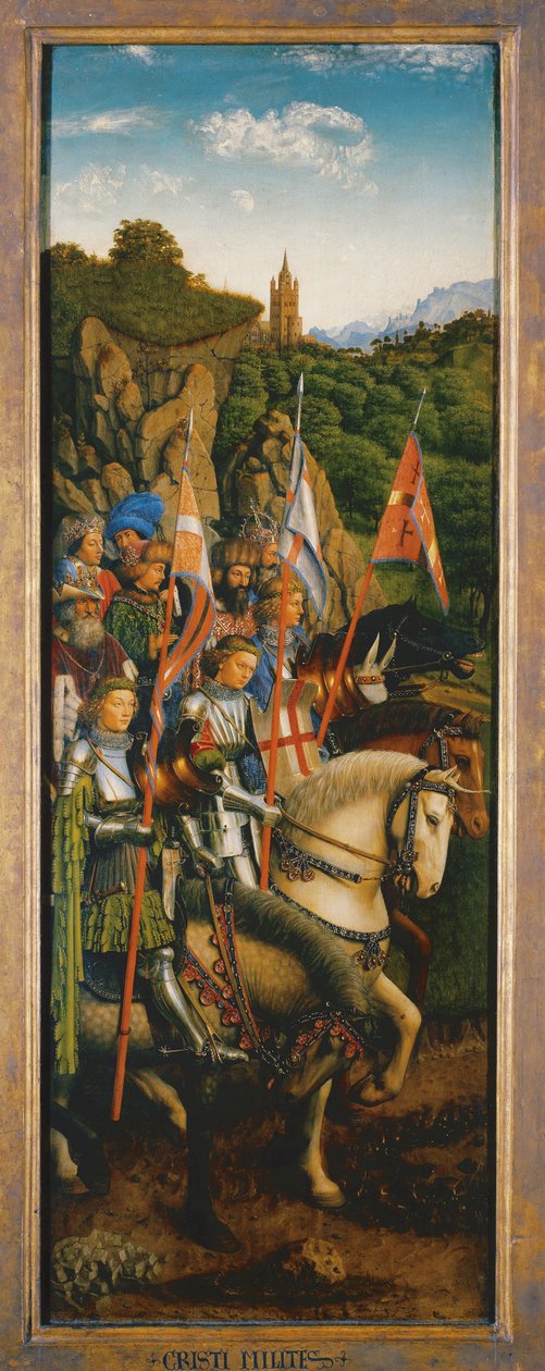 Rycerze Chrystusa, z lewej strony Ołtarza Gandawskiego autorstwa Hubert & Jan van (1390 1441) Eyck