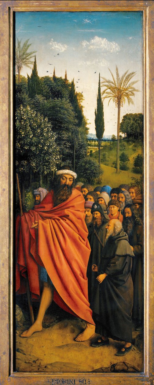 Pielgrzymi prowadzeni przez św. Krzysztofa z prawej strony Ołtarza Gandawskiego autorstwa Hubert & Jan van (1390 1441) Eyck