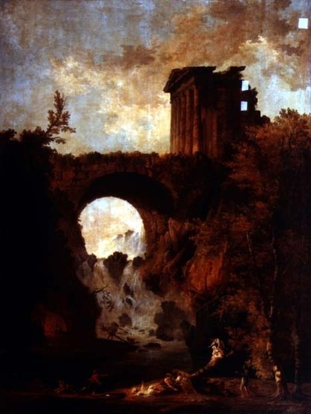 Capriccio zrujnowanej świątyni przy moście nad kaskadą z huśtawką autorstwa Hubert Robert