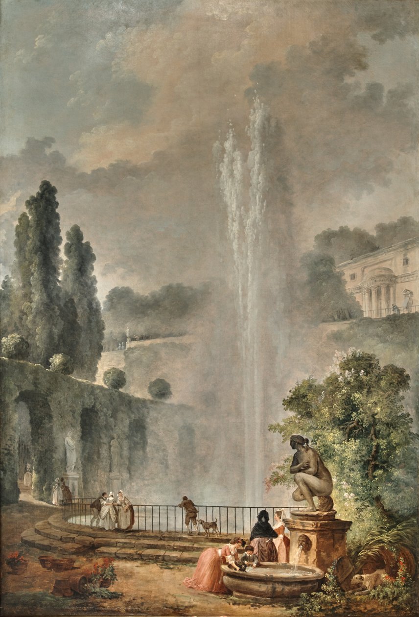 Pejzaż ogrodowy z willą z widokiem na wielką fontannę autorstwa Hubert Robert