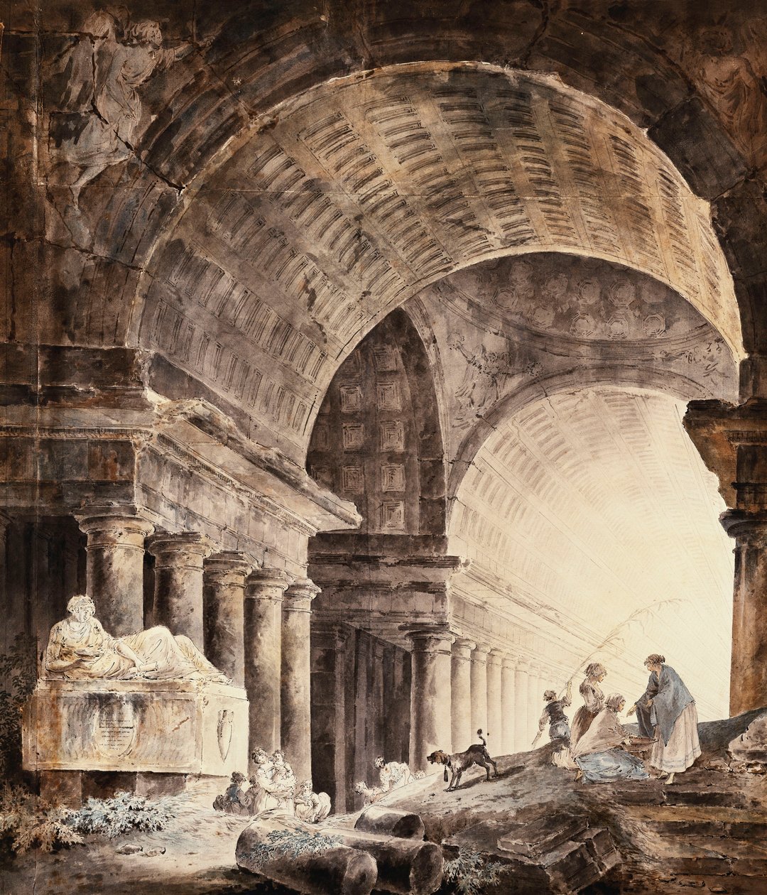Wielki budynek ze sklepieniem krzyżowym, z kobietami, dziećmi i psem przy połamanych kolumnach, autorstwa Hubert Robert