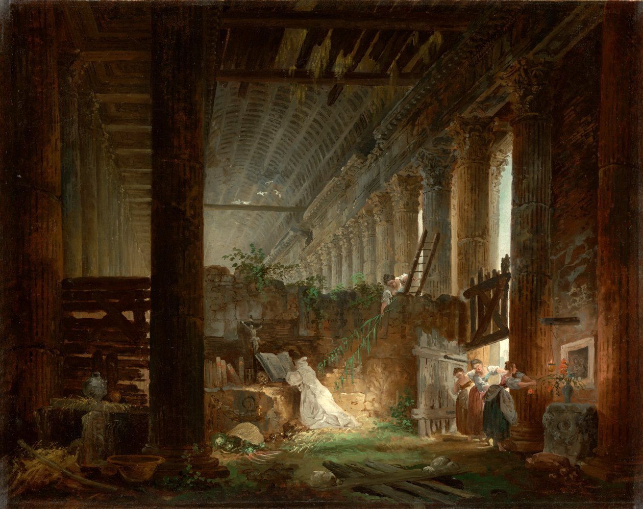 Pustelnik modlący się w ruinach rzymskiej świątyni. ok. 1760 (olej na płótnie) autorstwa Hubert Robert