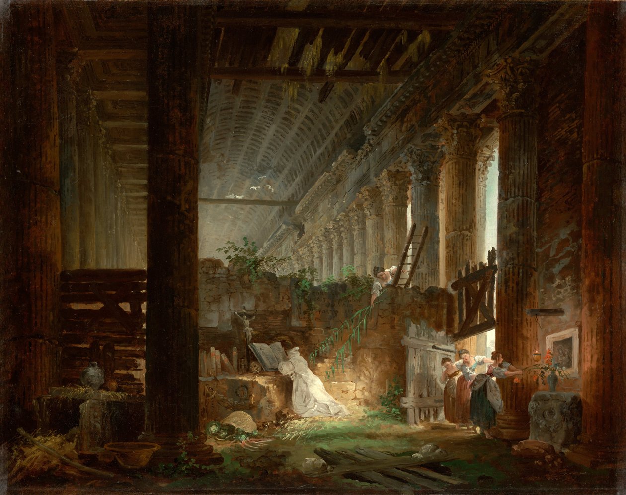 Pustelnik modlący się w ruinach rzymskiej świątyni, ok. 1760 autorstwa Hubert Robert