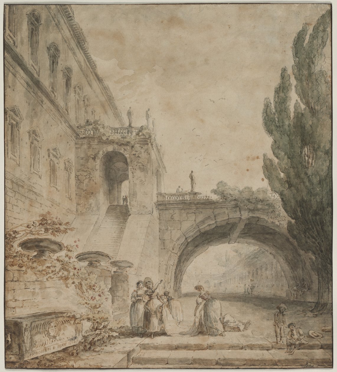 Pałac z łukowym mostem (willa rzymska) autorstwa Hubert Robert