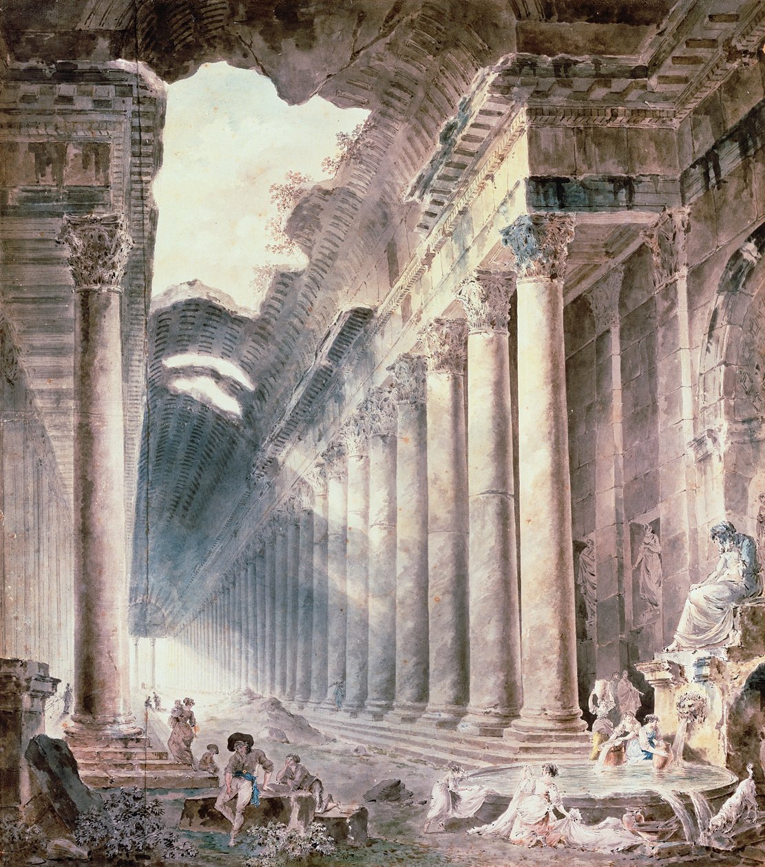 Budynek termalny z kolumnadą, dach częściowo otwarty do nieba, z dziewczętami piorącymi ubrania (akwarela, ołówek, tusz) autorstwa Hubert Robert
