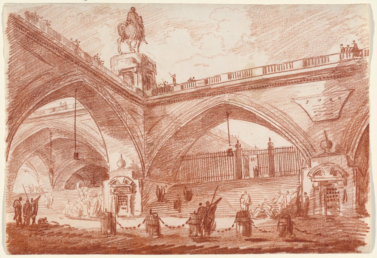 Fantazja architektoniczna z mostem triumfalnym autorstwa Hubert Robert