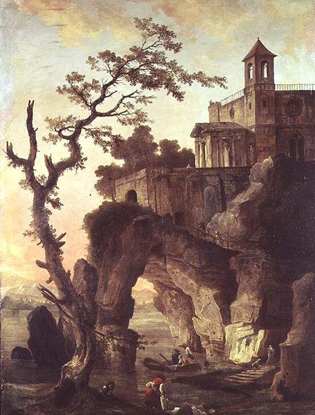 Ruiny architektury w skalistym krajobrazie (olej na płótnie) autorstwa Hubert Robert