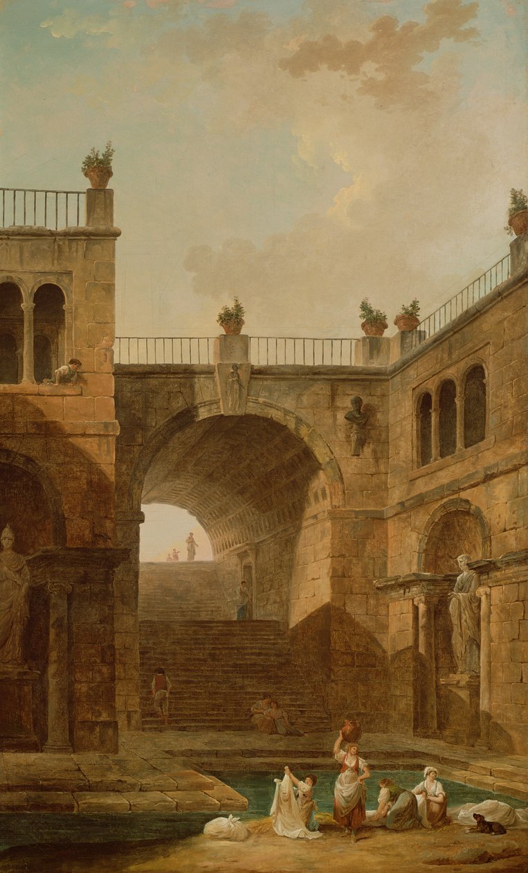 Scena architektoniczna z kobietami piorącymi ubrania na basenie autorstwa Hubert Robert