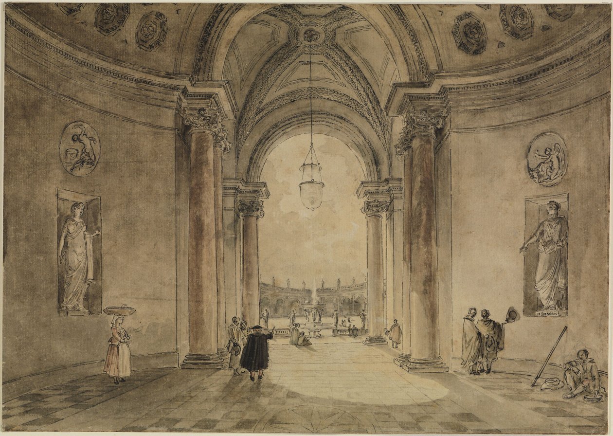 Widok przez atrium kasyna na parter ogrodowy Villa Albani autorstwa Hubert Robert