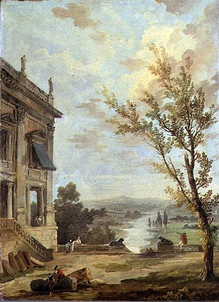 Włoski pejzaż Capriccio z Kapitolińskim Palazzo Nuovo i szlachciankami na tarasie, za nią rzeka autorstwa Hubert Robert