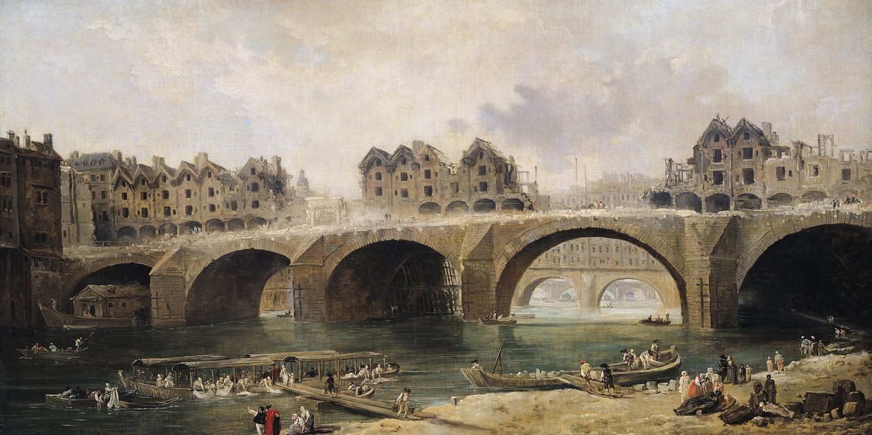Rozbiórka domów na moście Notre-Dame, c.1786 autorstwa Hubert Robert