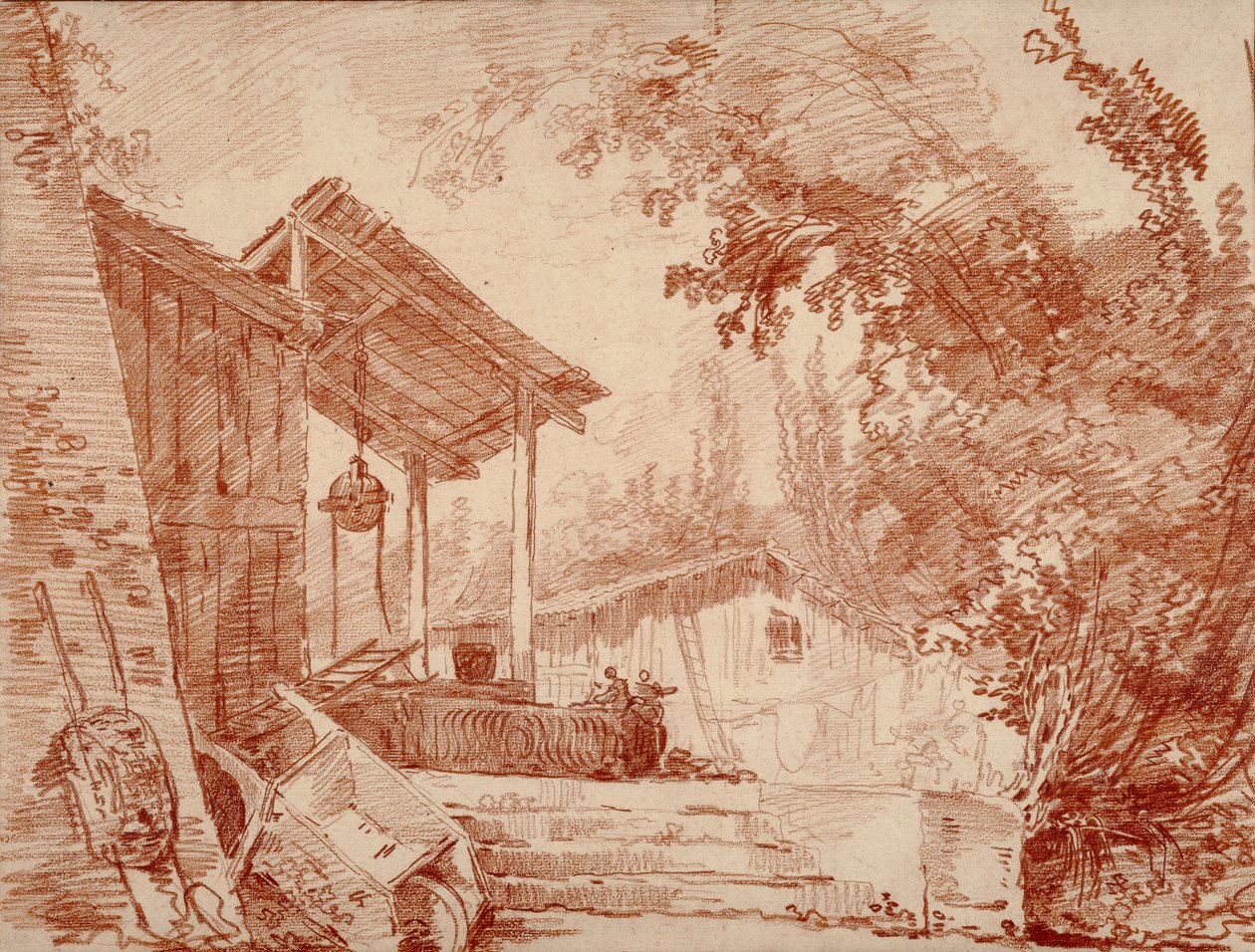 Podwórze z dwiema postaciami przy studni i dużą taczką na pierwszym planie autorstwa Hubert Robert