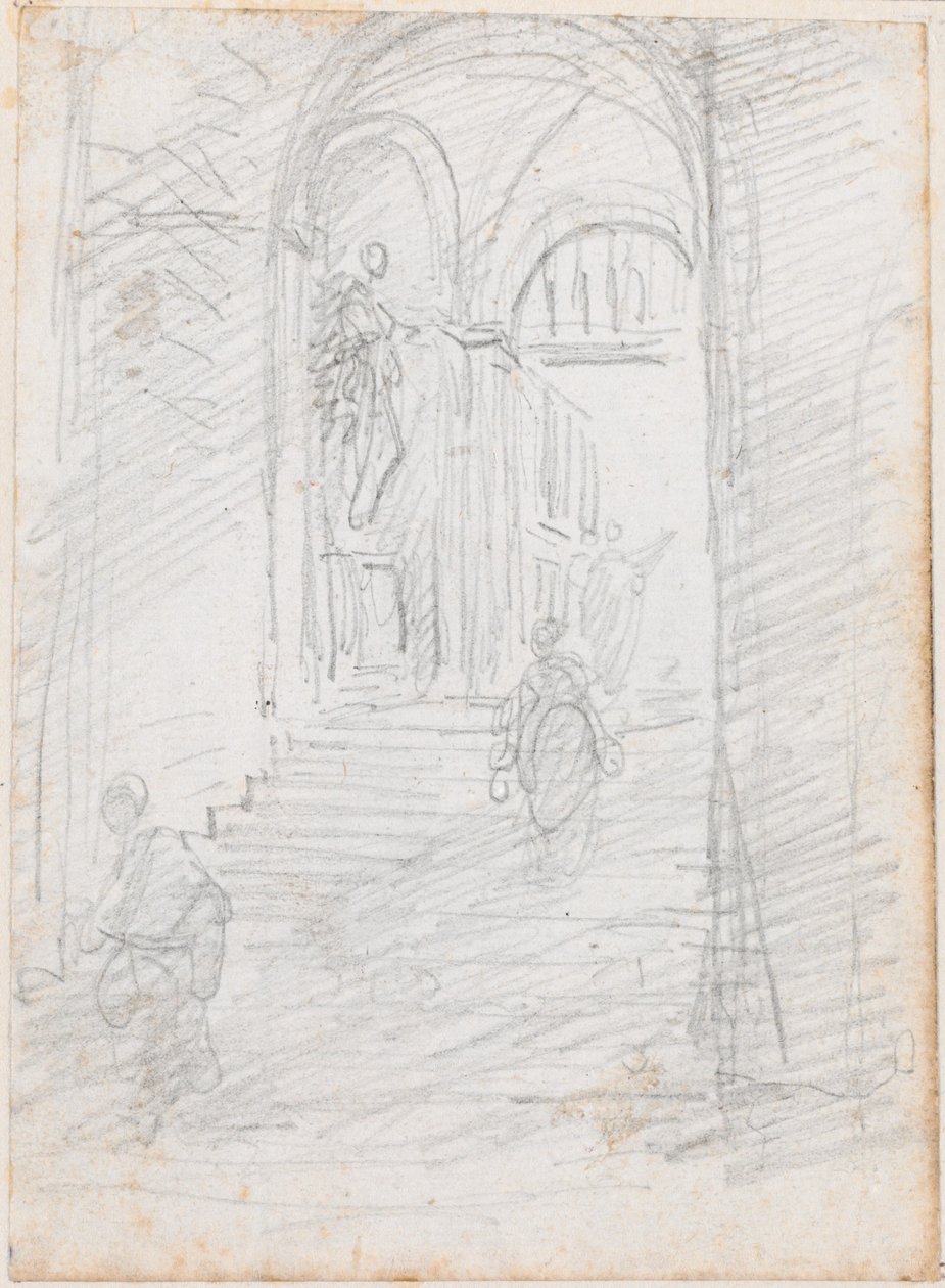 Figury na monumentalnej wewnętrznej klatce schodowej [recto] autorstwa Hubert Robert