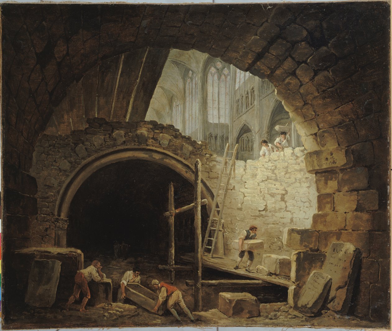francuski: La Violation des caveaux des rois dans la basilique de Saint-Denis, en octobre 1793 Splądrowanie grobowców królewskich w bazylice Saint-Denis, październik 1793 r. autorstwa Hubert Robert
