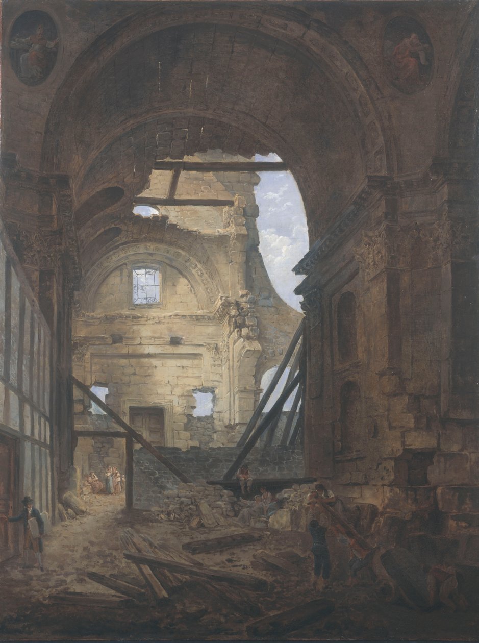 Francuski: La chapelle de la Sorbonne avec la voûte de la nef effondrée Kościół Sorbony w ruinie autorstwa Hubert Robert