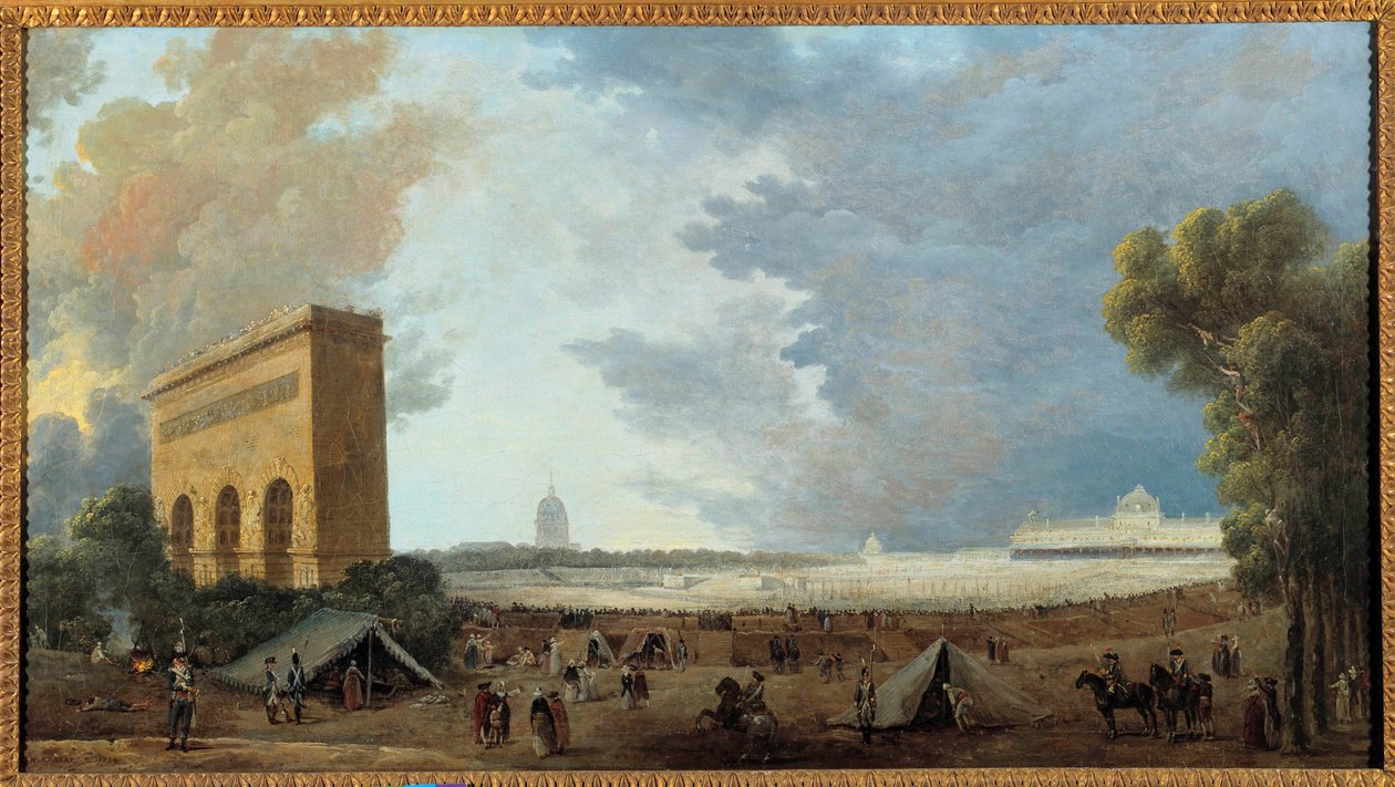 Rewolucja Francuska: „”Festiwal Narodowej Federacji obchodzony na Polach Marsowych w Paryżu 14 lipca 1790 r.”” Obraz Huberta Roberta (1733-1808). 1790 niedz. 0,52x0,96m autorstwa Hubert Robert