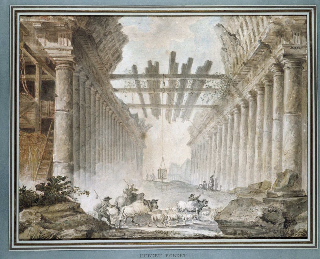 Stado w ruinach świątyni rysunkowej (olej na płótnie) autorstwa Hubert Robert