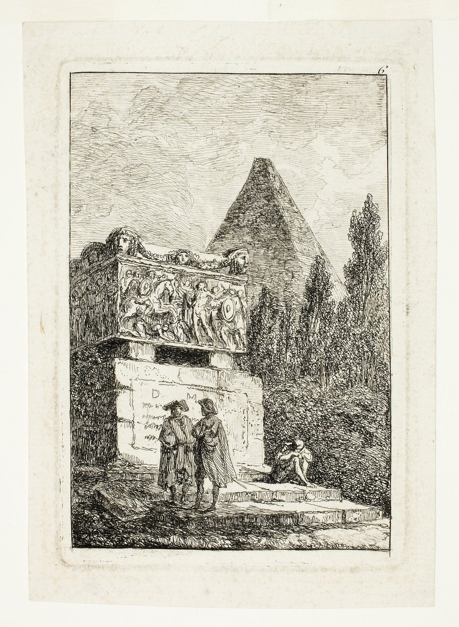 Krajobraz z piramidą i sarkofagiem, płyta szósta z Les Soirées de Rome autorstwa Hubert Robert
