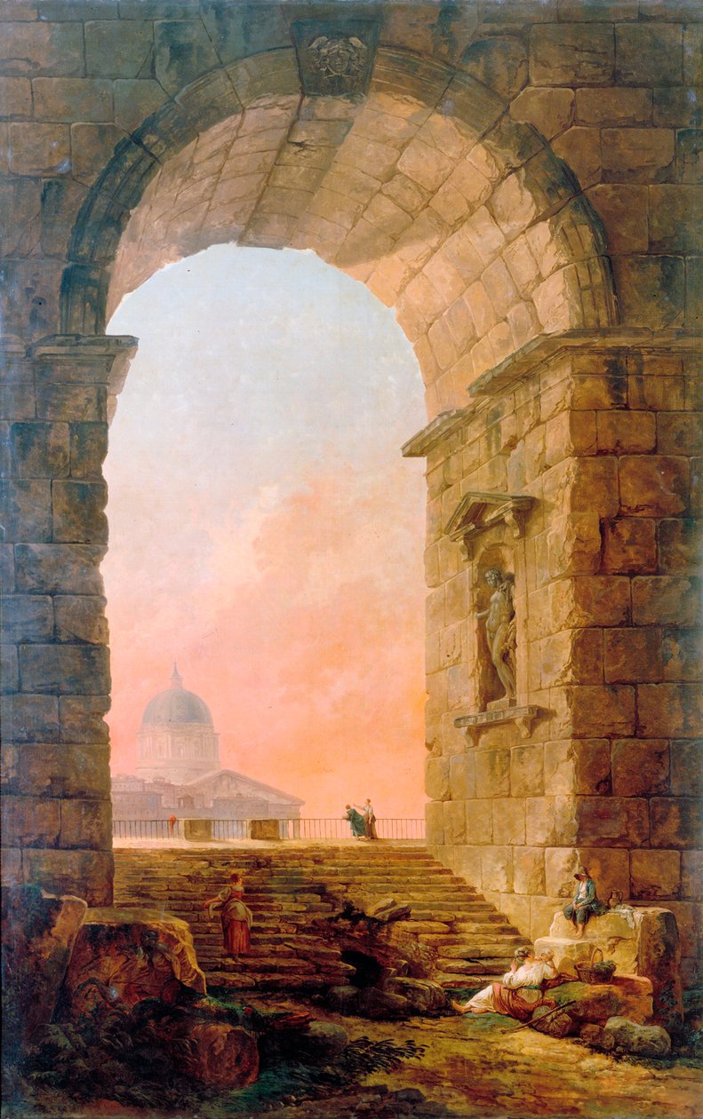 Pejzaż z łukiem i Bazyliką św. Piotra w Rzymie”, 1773. autorstwa Hubert Robert
