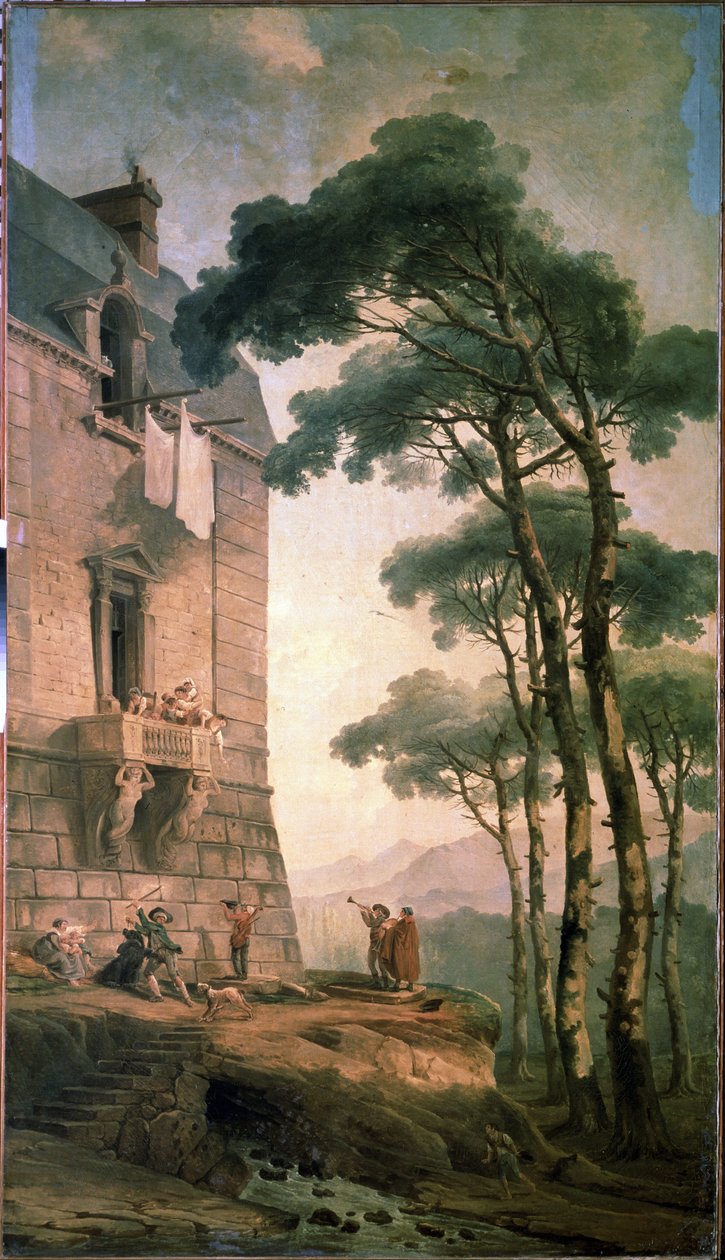 Muzycy. Grupa artystów złożona z muzyków i tresera niedźwiedzi przeszukuje pod balkonem mieszczańskiego domu. Obraz Huberta Roberta (1733-1808), olej na płótnie, sztuka francuska. Państwowe Muzeum na Wolnym Powietrzu Peterhof, Sankt Petersburg autorstwa Hubert Robert