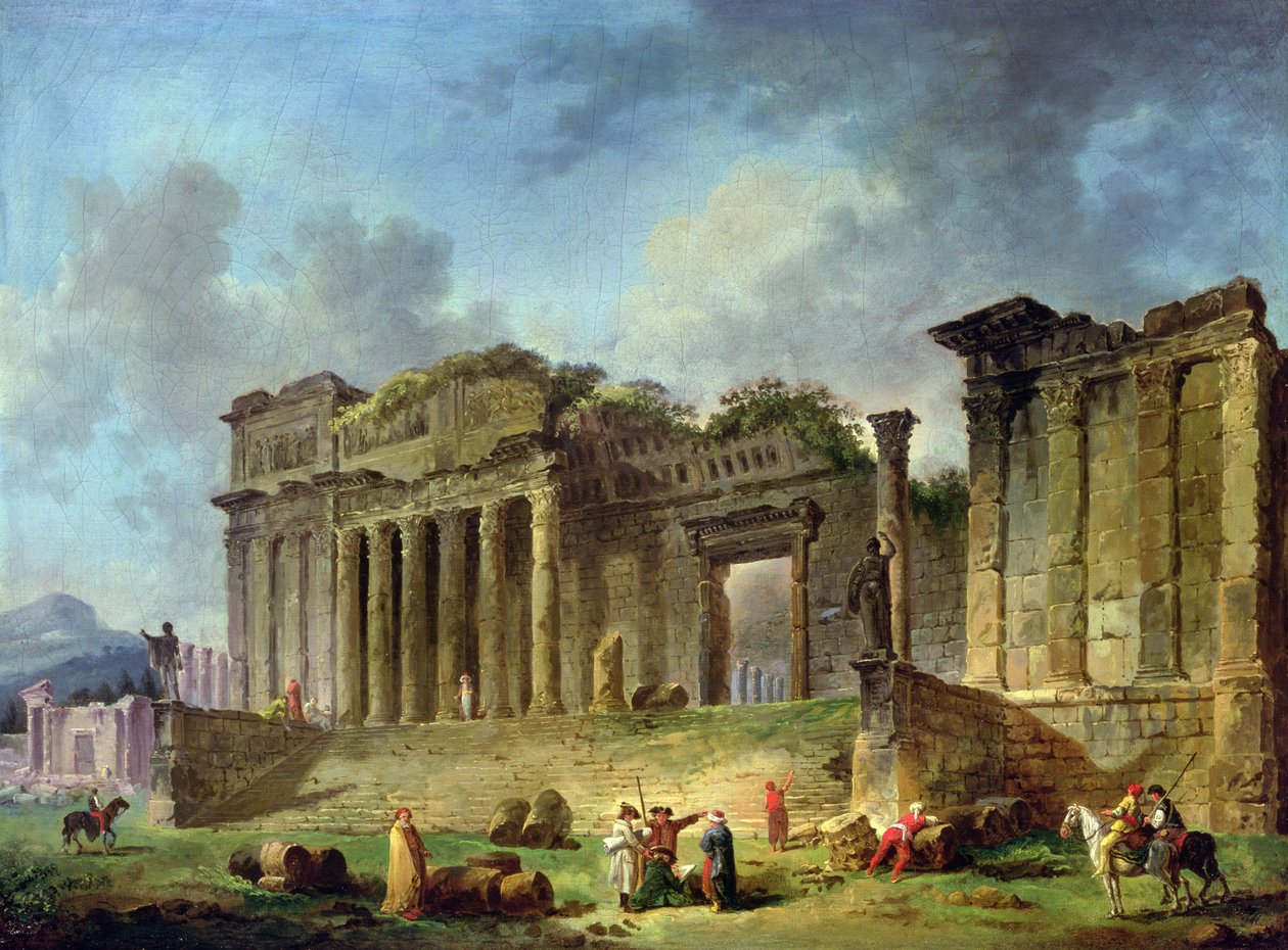 Mężczyzna szkicujący ruiny klasycznej świątyni (olej na płótnie) autorstwa Hubert Robert
