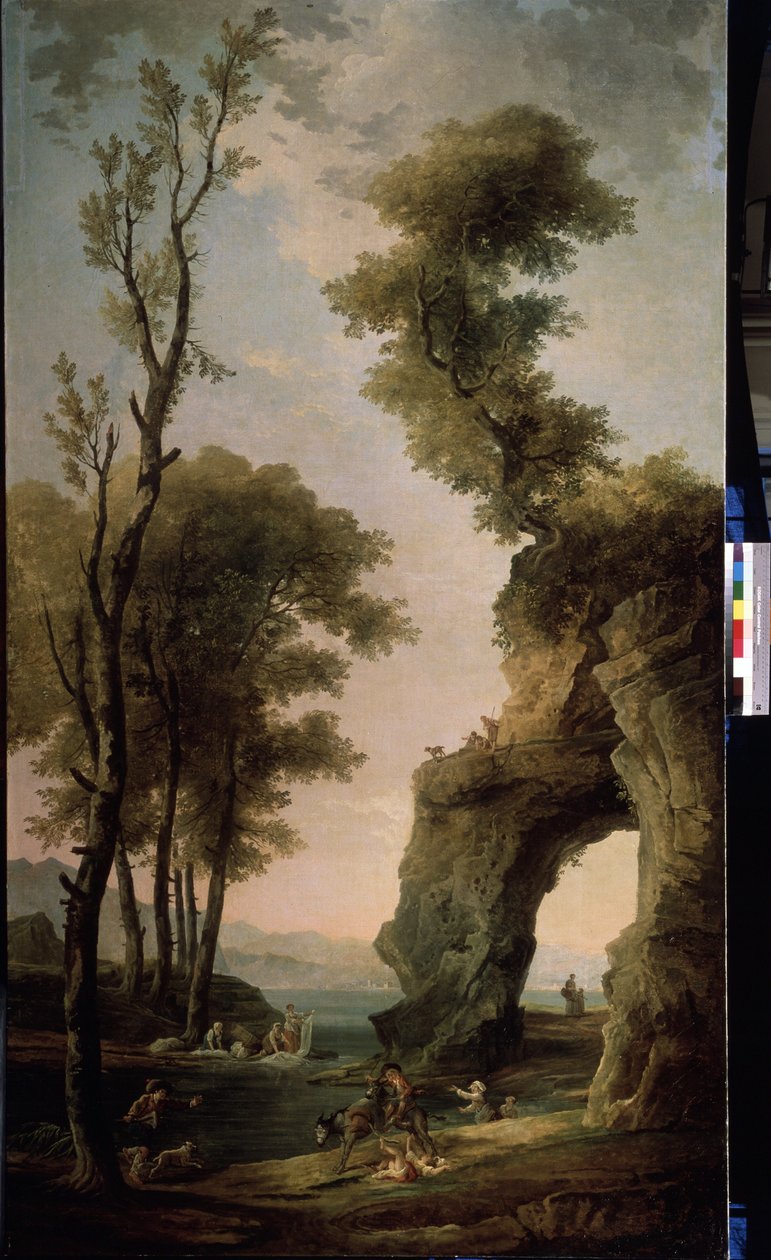 Wieś. Praczki piorą ubrania w rzece. Kobieta spada z osła. Obraz Huberta Roberta (1733-1808), olej na płótnie, sztuka francuska. Państwowe Muzeum na Wolnym Powietrzu Peterhof, Sankt Petersburg. autorstwa Hubert Robert
