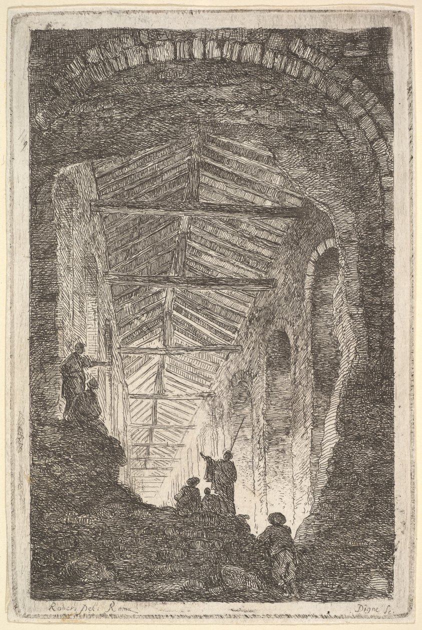 Ilustracja 10: Galeria Antyczna: duża, zadaszona galeria, światło wpadające z tyłu..., ok. godz. 1763-64. autorstwa Hubert Robert