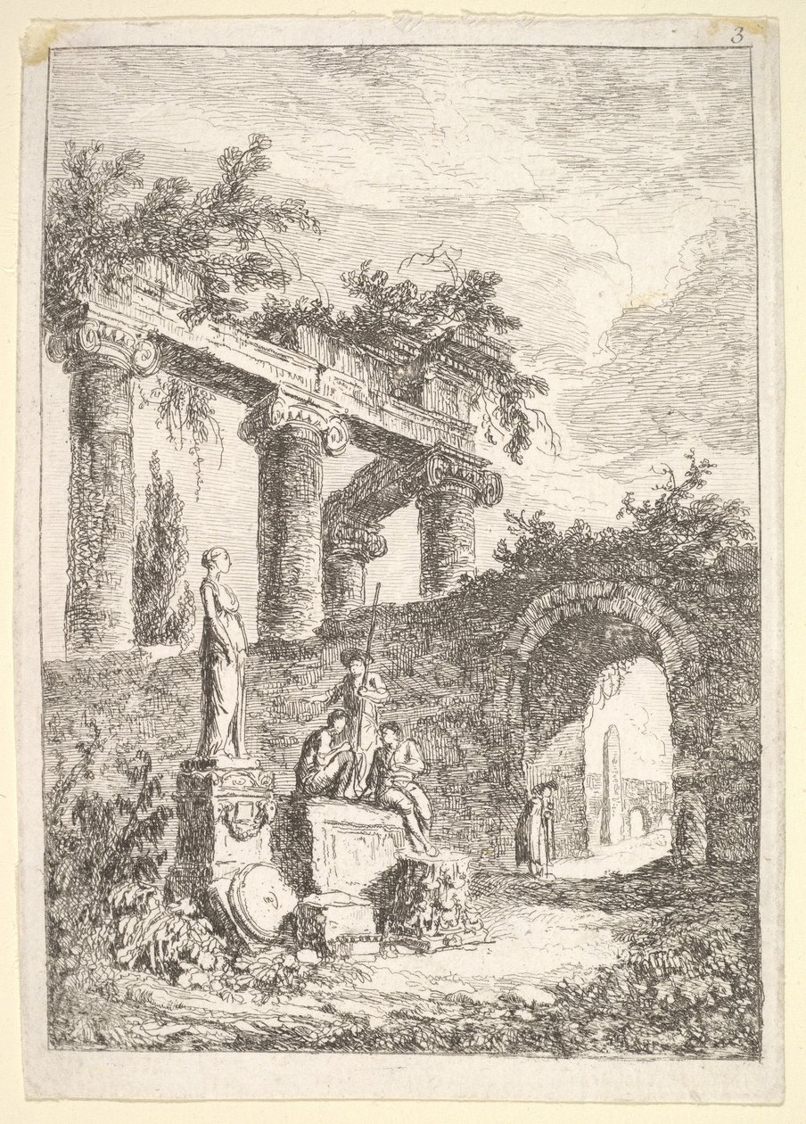 Tablica 3: Posąg przed ruinami: po lewej posążek obok trzech postaci na p..., ca. 1763-64. autorstwa Hubert Robert