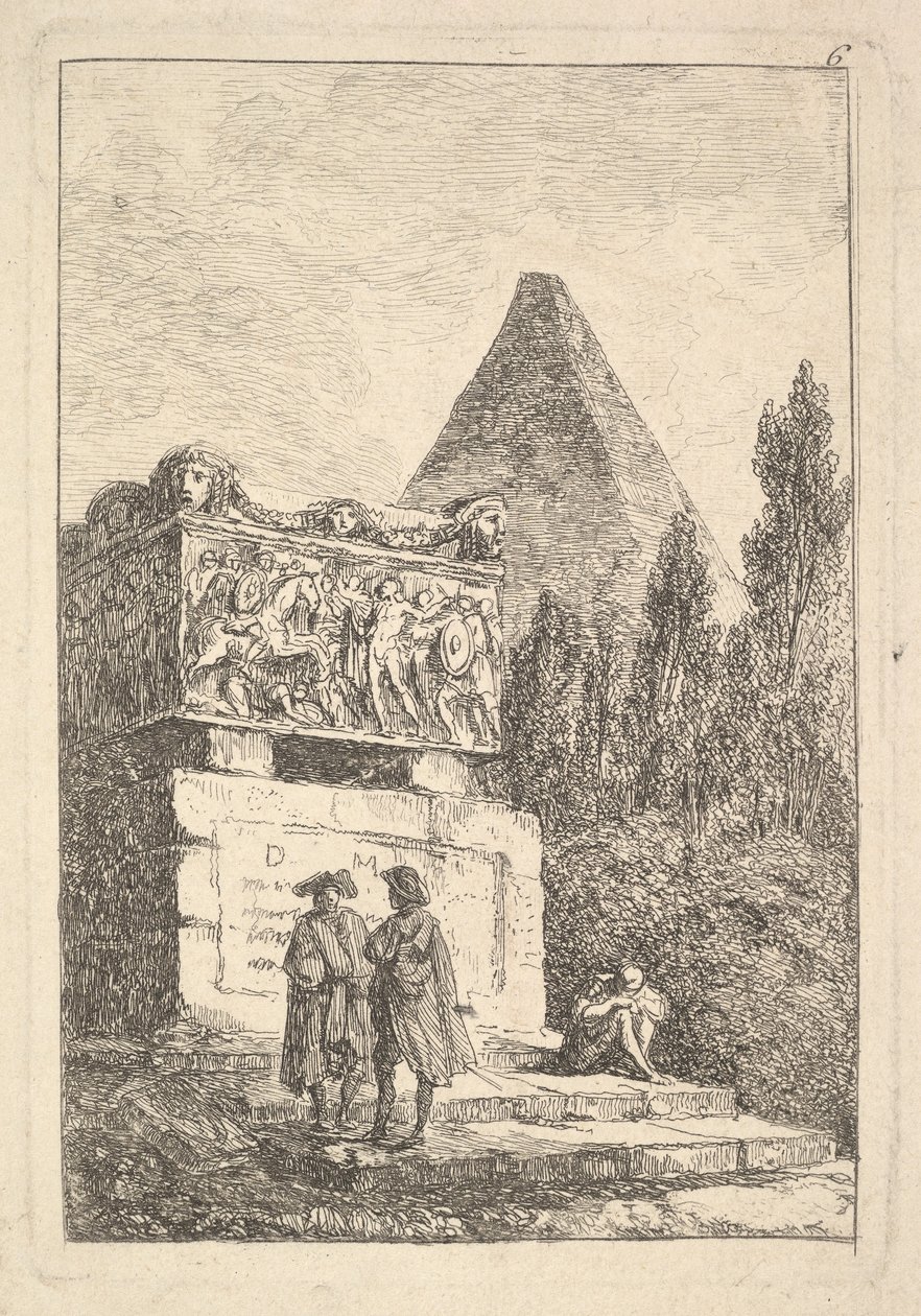 Ilustracja 6: Sarkofag: dwóch rozmawiających mężczyzn w lewo, inny siedzący i śpiący..., ok. godz. 1763-64. autorstwa Hubert Robert