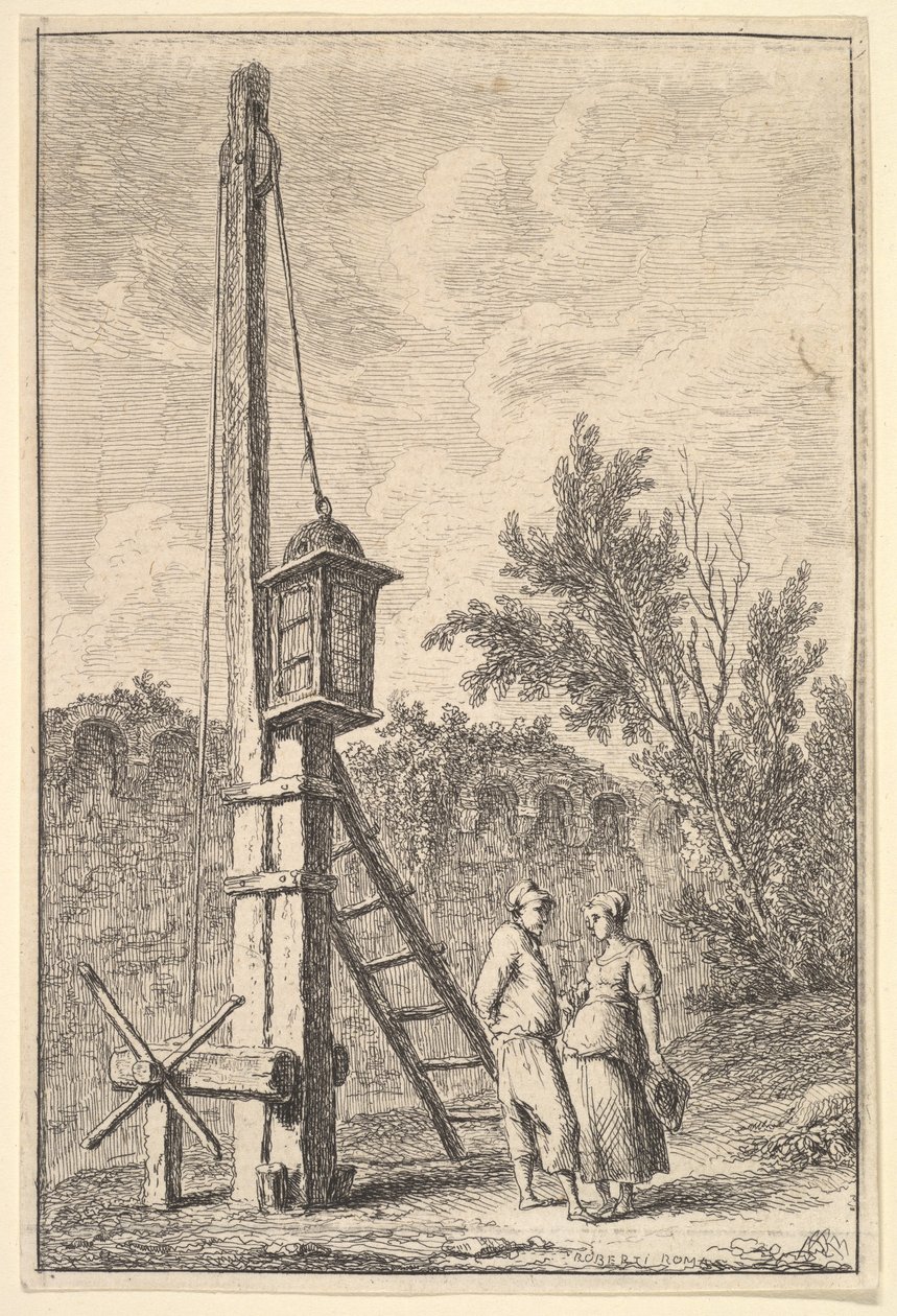 Tablica 9: Koło pasowe: mężczyzna i kobieta rozmawiający w prawo, latarnia zawieszona na poz..., ca. 1763-64. autorstwa Hubert Robert