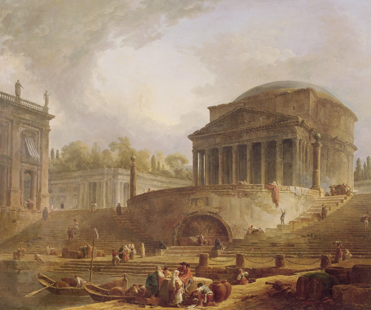 Porto di Ripetta w Rzymie, z Panteonem, tablica architektoniczna, 1766 autorstwa Hubert Robert