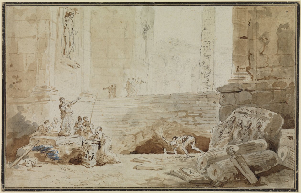 Rzymskie capriccio z uliczną śpiewaczką autorstwa Hubert Robert