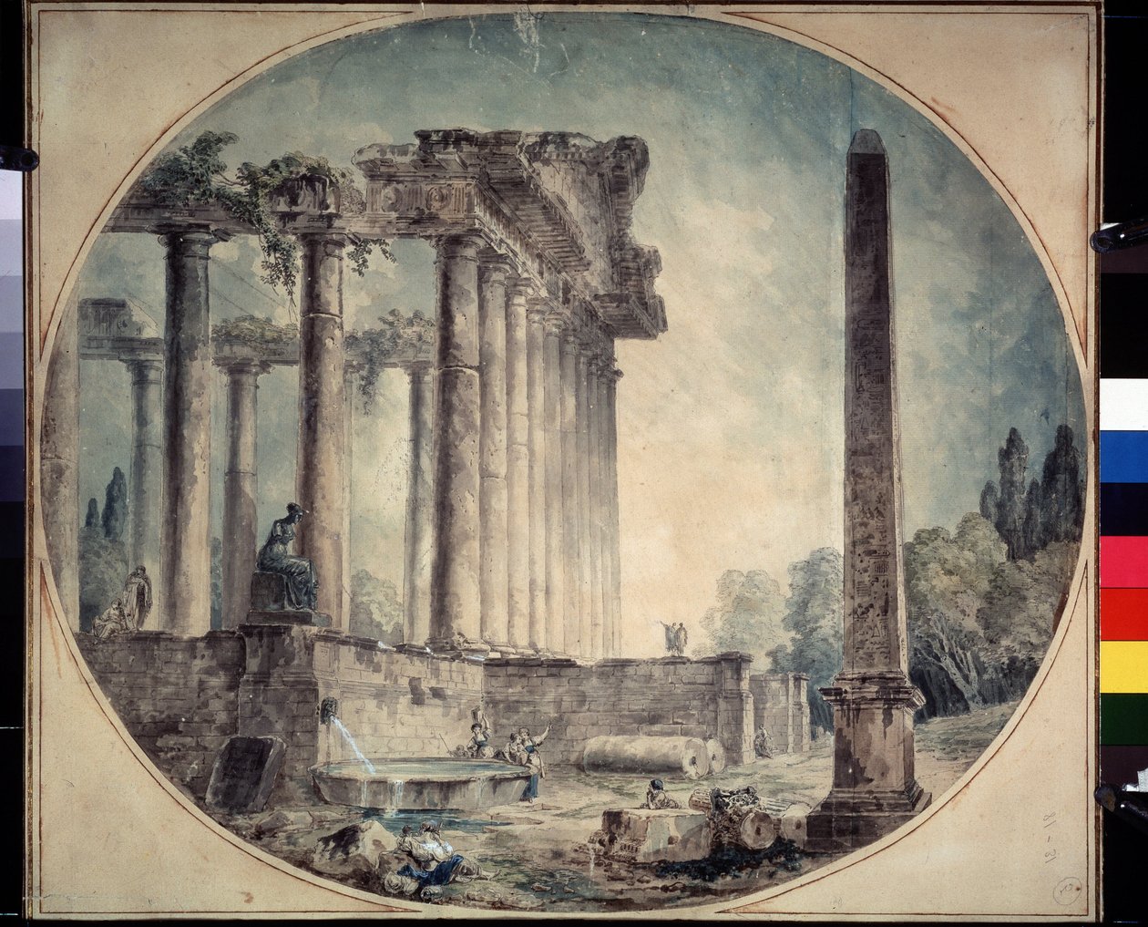 ""Ancient Ruins and Obelisk"" Akwarela Huberta Roberta (1733-1808) 1776 Państwowe Muzeum Sztuk Pięknych im. A. Puszkina, Moskwa, Rosja autorstwa Hubert Robert