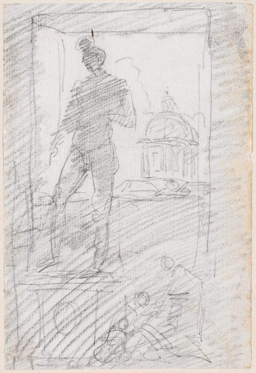 Posąg aktu przed widokiem z okna autorstwa Hubert Robert
