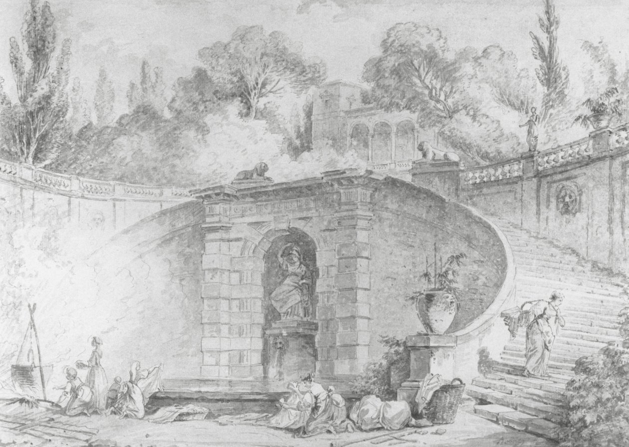 The Large Staircase, 1761-1765 (pióro i czarny tusz, pędzel i szary wash oraz akwarela na czarnej kredzie, podrysunek na papierze białawym, znak wodny) autorstwa Hubert Robert